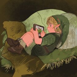  1boy anachronism arms_up bed belt blanket blonde_hair blue_eyes boots brown_belt brown_boots child commentary english_commentary green_hat green_tunic green_vest hat highres holding ipad korok leaf link long_pointy_ears looking_at_object lying male_focus mask on_side parted_lips pillow pointy_ears profile short_hair tablet_pc the_legend_of_zelda the_legend_of_zelda:_ocarina_of_time the_legend_of_zelda:_ocarina_of_time_(remake) tunic vest wavy_hair woorieart young_link 