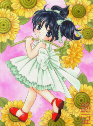  1girl artist_name asari-chan back_bow bare_arms black_hair blue_eyes bow color_ink_(medium) dress flower frilled_dress frills full_body green_bow green_dress hair_bow hamano_asari hands_up holding holding_flower looking_at_viewer looking_back open_mouth oversized_flower red_shoes shoes short_hair short_twintails sleeveless sleeveless_dress smile solo standing sunflower suzumame traditional_media twintails walking yellow_flower 