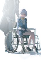  1girl absurdres black_shoes bow bowtie chinese_commentary closed_mouth commentary_request grey_hair hair_over_one_eye highres logo long_hair mornye_(wuthering_waves) orange_bow pushing_wheelchair r5_(yexinr5) red_eyes revision school_uniform shoes sitting socks solo_focus startorch_academy_school_uniform very_long_hair wheelchair white_socks wuthering_waves yellow_bow yellow_bowtie 