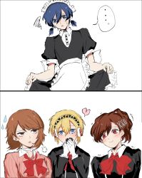  1boy 3girls aigis_(persona) apron blonde_hair blue_hair blush brown_eyes brown_hair cardigan closed_mouth crossdressing crossdressing_(mtf) gekkoukan_high_school_uniform hair_between_eyes heart highres kaito_ikeuchi maid maid_apron maid_headdress male_maid multiple_girls open_mouth persona persona_3 persona_3_portable pink_cardigan ponytail red_eyes school_uniform shiomi_kotone short_hair short_twintails sweat sweatdrop takeba_yukari twintails yuuki_makoto_(persona_3) 