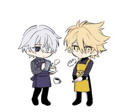  2boys alternate_costume apron black_gloves black_pants black_shirt black_shoes blonde_hair blue_pupils bread chibi chibi_only closed_mouth coffee collared_shirt cup diamond-shaped_pupils diamond_(shape) dual_persona eyepatch food full_body gloves grey_hair grey_sweater hair_between_eyes hair_over_one_eye hands_up holding holding_kettle holding_pastry_bag holding_plate honkai:_star_rail honkai_(series) kettle long_hair_between_eyes long_sleeves looking_at_object looking_at_viewer looking_down male_focus medical_eyepatch mengpa multiple_boys pants pastry_bag phainon_(flame_reaver)_(honkai:_star_rail) phainon_(honkai:_star_rail) phainon_(khaslana)_(honkai:_star_rail) plate pouring purple_apron purple_shirt shirt shoes short_hair simple_background standing steam sweater symbol-shaped_pupils turtleneck turtleneck_shirt turtleneck_sweater violet_eyes white_background yellow_apron yellow_eyes 