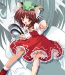  animal_ears bow brown_hair cat_ears cat_tail chen dress ear_piercing fang hat looking_at_viewer multiple_tails open_mouth paw_pose piercing red_dress red_eyes shirt short_hair smile solo tail touhou yamu_(reverse_noise) zoom_layer 