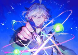  1boy ahblue ahoge artist_name ascot black_jacket black_vest blue_background blue_hair bright_pupils buttons cape collared_jacket collared_shirt eyelashes fingernails genshin_impact hair_between_eyes hand_up high_collar highres holding holding_quill jacket long_sleeves looking_at_viewer male_focus mitya_(genshin_impact) open_clothes open_jacket pink_eyes purple_cape purple_jacket quill shirt short_hair simple_background solo sparkle teeth two-sided_fabric two-sided_jacket upper_body vest wavy_hair white_ascot white_pupils white_shirt 