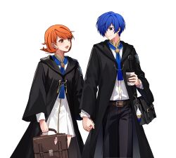  1boy 1girl absurdres arknights bag belt belt_buckle black_bag black_coat black_pants blue_eyes blue_hair blue_necktie blush brown_bag brown_eyes brown_hair buckle closed_mouth coat couple dress english_commentary flipped_hair gold_trim hair_over_one_eye height_difference hetero highres holding holding_bag holding_hands hood hooded_coat laterano_school_uniform long_sleeves looking_at_another necktie official_alternate_costume open_mouth pants persona persona_3 persona_3_reload school_bag school_uniform shirt short_hair shoulder_bag smile takeba_yukari tonyrg33 white_background white_dress white_shirt yuuki_makoto_(persona_3) 