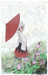  1girl animal_ears blush commentary_request day flower from_side full_body geta grass hakama hakama_skirt inubashiri_momiji japanese_clothes kibisake looking_at_viewer nature oil-paper_umbrella outdoors plant rain red_eyes shirt short_hair skirt smile solo tail tengu-geta touhou tree umbrella white_hair white_shirt wolf_ears wolf_girl wolf_tail 