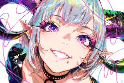  1girl absurdres black_choker black_horns blurry blurry_foreground choker close-up collarbone commentary_request curled_horns demon_girl ear_piercing earrings face_piercing from_above grey_hair grin halftone highres hoop_earrings horns jewelry lip_piercing lips long_eyelashes looking_at_viewer momoyama_tits neon_palette original piercing pointy_ears short_hair signature smile solo teeth violet_eyes white_background 