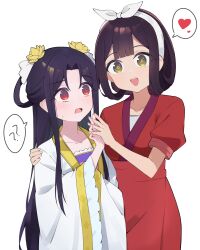  2girls ? ?? black_hair blush breasts chinese_clothes chinese_commentary collarbone commentary_request futsutsuka_na_akujo_de_wa_gozaimasu_ga hair_rings hair_up hand_on_another's_shoulder hanfu heart highres holding_hands kou_reirin long_hair long_sleeves multiple_girls open_mouth pianshi red_eyes red_hanfu short_sleeves shu_keigetsu simple_background small_breasts spoken_heart spoken_question_mark very_long_hair white_background white_hanfu wide_sleeves yuri 