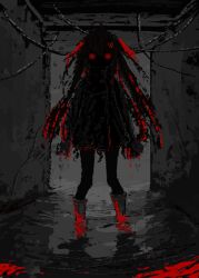  1girl absurdres ahoge black_coat boots broken_heart broken_heart_hair_ornament coat commentary evil_neuro-sama hair_between_eyes hair_ornament hair_ribbon heart heart_hair_ornament highres indoors long_hair looking_at_viewer red_eyes red_ribbon ribbon solo spot_color standing straight-on thefatum turtleneck_coat vedal_ai virtual_youtuber void_face wading 