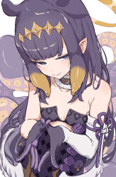  1girl blue_eyes blunt_bangs center-flap_bangs choker clip_studio_paint_(medium) closed_mouth clothing_cutout collarbone commentary_request cutout_above_navel detached_sleeves diamond_hairband dress eternaltanbo flat_chest from_above fur_choker gloves gradient_hair hair_flaps half-closed_eyes halo halo_behind_head hands_up highres hololive hololive_english light_smile long_hair looking_at_viewer looking_up loose_hair_strand low_wings making-of_available mole mole_under_eye multicolored_hair ninomae_ina'nis ninomae_ina'nis_(1st_costume) orange_hair pointy_ears purple_choker purple_dress purple_gloves purple_hair sidelocks simple_background single_detached_sleeve solo steepled_fingers strapless strapless_dress tentacle_hair tentacles tube_dress two-tone_dress two-tone_hair virtual_youtuber white_background white_sleeves white_wings wings 