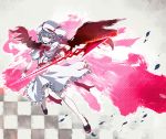  bat_wings bow capelet curiosities_of_lotus_asia hat open_mouth petals polearm purple_hair red_eyes remilia_scarlet short_hair short_sleeves solo spear spear_the_gungnir touhou vampire weapon wings wrist_cuffs yuumeibokumeimei 