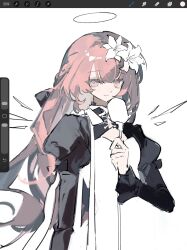  1girl absurdres arknights art_program_in_frame chinese_commentary closed_mouth commentary_request detached_wings flower hair_between_eyes hair_flower hair_ornament halo hand_up highres juliet_sleeves latelan_diyu_hei lemuen_(arknights) long_hair long_sleeves looking_at_viewer pink_eyes pink_hair puffy_sleeves simple_background smile solo traditional_halo upper_body white_background white_flower wings 