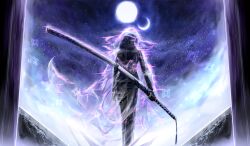  absurdres araya_(project_moon) black_hair black_hands black_suit colored_extremities commentary_request crescent_moon facing_back floral_print full_moon hen_na highres holding holding_sword holding_weapon katana limbus_company moon project_moon sky standing star_(sky) starry_sky suit sword weapon 