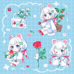  1girl :d ;d ahoge animal_ears blue_background blue_eyes blush_stickers bouquet bow cat_ears cat_girl cat_tail cherry_tomato chibi closed_mouth commentary daisy_(flower) dress flower flower_pot food frilled_sleeves frills grid_background hair_bow hair_ornament hairclip holding holding_bouquet holding_food long_sleeves looking_at_viewer multiple_views neck_ribbon one_eye_closed open_mouth original parallel_hairclips pink_flower pink_tulip plant potted_plant red_bow red_flower red_rose red_socks ribbon rose shoes short_hair sidelocks smile socks sparkle tail tomato tulip untranslatable_commentary white_dress white_flower white_hair white_ribbon white_shoes yutukicom 