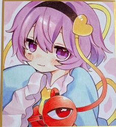  1girl black_hairband blue_shirt blush buttons closed_mouth collared_shirt commentary_request disembodied_linked_eye eyeball frilled_shirt_collar frilled_sleeves frills hair_between_eyes hair_ornament hairband heart heart_button heart_hair_ornament highres komeiji_satori long_sleeves looking_at_viewer medium_hair moni_monico pink_eyes pink_hair ribbon-trimmed_collar ribbon_trim shikishi shirt sleeves_past_fingers sleeves_past_wrists smile solo touhou traditional_media upper_body wide_sleeves 