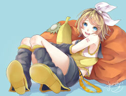  1girl absurdres banana bean_bag_chair belt bikini black_sailor_collar black_shorts black_sleeves blonde_hair blue_background blue_eyes bow breasts commentary_request detached_sleeves fangs food fruit hair_bow hair_ornament hairclip highres kagamine_rin knees_up leg_warmers looking_at_viewer lying mai_mugi neckerchief number_tattoo on_back open_mouth orange_bikini parallel_hairclips sailor_collar shirt short_hair shorts simple_background sleeveless sleeveless_shirt small_breasts swimsuit tattoo vocaloid white_bow white_shirt yellow_belt yellow_neckerchief yellow_trim 