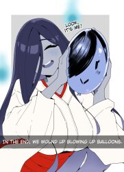  1girl absurdres artistic_error balloon black_hair blush breasts closed_eyes colored_inner_hair colored_skin english_text facing_viewer ghost ghost_girl grey_hair grey_skin hair_over_one_eye hakama hakama_skirt highres holding holding_balloon japanese_clothes kimono kuraido_(kuraid_draw) large_breasts long_hair long_sleeves miko multicolored_hair open_mouth original red_hakama skirt smile solo speech_bubble very_long_hair white_kimono wide_sleeves 