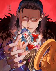  2boys absurdres arms_up bandana black_fur black_hair blue_eyes blue_hair buggy_the_clown closed_mouth clown_nose commentary crocodile_(one_piece) earrings fur_trim hair_slicked_back highres hook hook_hand jewelry long_hair makeup male_focus mini_person miniboy multiple_boys multiple_rings ngumngim one_piece open_mouth pants piercing purple_vest red_background red_shirt ring scar scar_on_face shirt short_hair short_sleeves simple_background single_earring smile striped_clothes striped_pants teeth untranslatable_commentary vest watermark white_shirt wing_collar yellow_eyes 