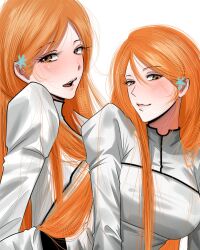  1girl bleach blush breasts closed_mouth cuxmah dress hair_between_eyes hair_ornament hairclip highres inoue_orihime inoue_orihime_(hueco_mundo) juliet_sleeves long_dress long_hair long_sleeves looking_at_viewer multiple_views open_mouth orange_eyes orange_hair puffy_sleeves simple_background snowflake_hair_ornament solo teeth upper_body upper_teeth_only white_background white_dress white_sleeves 