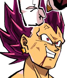 anger_vein boots collage dragon_ball dragon_ball_super ear_piercing earrings evil_smile gloves jewelry male_focus multiple_persona no_eyebrows oekaki piercing purple_hair red_eyes simple_background smile spiky_hair teeth teknodice ultra_ego_(dragon_ball) vegeta white_background white_boots white_gloves widow's_peak 