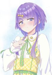  1girl agarie_nagi aziazi014 belt blue_eyes blue_nails blush closed_mouth commentary_request dress green_belt green_ribbon hair_ornament hairclip hand_on_own_chest highres nail_polish neck_ribbon pinafore_dress purple_hair ribbon shine_post shirt short_hair_with_long_locks sleeveless sleeveless_dress smile solo upper_body white_shirt yellow_dress 