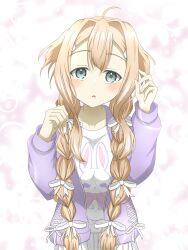  1girl ahoge akagi_yutaka animal_print blonde_hair blush bow braid collarbone commentary_request cowboy_shot dot_nose hair_intakes hair_ornament hair_ribbon hairclip hands_up highres iyojima_anzu jacket long_hair long_sleeves looking_at_viewer nogi_wakaba_wa_yuusha_de_aru parted_lips print_shirt purple_jacket rabbit_print ribbon shirt skirt solo twin_braids white_bow white_ribbon white_shirt white_skirt yuusha_de_aru 