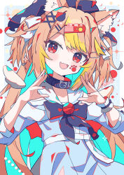  1girl ahoge animal_ear_fluff animal_ears aramedraw black_bow black_bowtie black_collar black_hat blue_background blue_dress blue_hair blush border bow bowtie cat_ears cat_girl cat_hair_ornament collar colored_inner_hair commentary_request dot_nose dress fang hair_intakes hair_ornament hairclip hands_up hat highres long_hair looking_at_viewer multicolored_hair open_mouth orange_hair original outside_border parallel_hairclips red_eyes sailor_collar signature skin_fang solo three-quarter_sleeves two_side_up upper_body white_border white_sailor_collar x_hair_ornament 