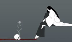  1girl anno_im barefoot bleach bleach:_sennen_kessen-hen blood blood_on_feet blood_trail commentary_request flower from_side full_body hakama haori highres japanese_clothes knee_up limited_palette long_hair sitting skull solo taichou_haori unohana_retsu unohana_yachiru 