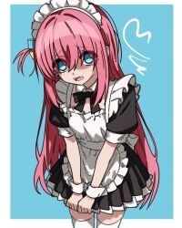  1girl absurdres apron black_bow black_dress blue_background blue_eyes blush bocchi_the_rock! bow commentary cowboy_shot cube_hair_ornament dress dress_tug embarrassed english_commentary fang frilled_apron frills ghuler gotoh_hitori hair_between_eyes hair_ornament highres long_hair looking_at_viewer maid maid_apron maid_headdress open_mouth pink_hair puffy_short_sleeves puffy_sleeves shaded_face short_sleeves simple_background skin_fang smile solo thigh-highs waist_apron white_apron white_thighhighs wrist_cuffs zettai_ryouiki 