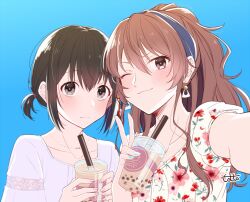  2girls alternate_costume alternate_hairstyle ashigara_(kancolle) black_hair blue_background blue_hairband blue_nails blush brown_eyes brown_hair bubble_tea closed_mouth commentary_request cup disposable_cup drinking_straw earrings floral_print haguro_(kancolle) hair_between_eyes hair_ribbon hairband holding holding_cup jewelry kantai_collection long_hair looking_at_viewer low_twintails multiple_girls nail_polish necklace one_eye_closed pink_nails red_ribbon ribbon selfie shirt short_sleeves short_twintails sidelocks signature simple_background smile totto_(naka) twintails upper_body v 