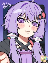  1girl :t absurdres ahoge black_jacket blush_stickers border closed_mouth collarbone commentary_request criss-cross_halter double-parted_bangs dress hair_between_eyes hair_intakes hair_ornament halterneck highres hinohari_(user_wzxk7585) jacket looking_at_viewer open_clothes open_jacket outside_border purple_border purple_dress purple_hair short_hair_with_long_locks solo upper_body v-shaped_eyebrows violet_eyes vocaloid voiceroid yuzuki_yukari 