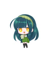  1girl absurdres ahoge black_thighhighs blunt_sidelocks blush_stickers book bright_pupils brown_shoes chibi chibi_only edomura_niniko full_body green_hair green_hairband green_sailor_collar green_skirt hairband highres holding holding_book long_hair long_sleeves official_art pleated_skirt sailor_collar school_uniform second-party_source serafuku shirt shoes sidelocks simple_background skirt solo standing thigh-highs touhoku_zunko transparent_background very_long_hair voiceroid white_pupils white_shirt yellow_eyes zettai_ryouiki 