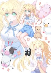  ! !! 1girl :d :o ^_^ absurdres alternate_breast_size_(larger) blonde_hair blue_ribbon blue_skirt blush breast_padding breasts clanney closed_eyes commentary_request cow cowboy_shot eating facing_viewer floating_hair food full_body green_eyes hair_intakes hair_ornament hand_up hands_up happy heart high-waist_skirt highres holding holding_food holding_spoon invisible_chair large_breasts lizard long_hair looking_at_viewer multiple_views neck_ribbon notice_lines official_alternate_costume open_mouth pov pov_hands puffy_short_sleeves puffy_sleeves ribbon shaved_ice shirt short_sleeves sidelocks simple_background sitting skirt smile spoon stuffed_animal stuffed_cow stuffed_dinosaur stuffed_duck stuffed_toy summer_pockets tareme teddy_bear tsumugi_wenders twintails very_long_hair white_background white_shirt x_hair_ornament 
