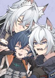  1girl 2boys animal_ear_fluff animal_ears belle_(zenless_zone_zero) black_gloves black_jacket black_shirt black_sweater blue_hair boy_sandwich braid brothers cat_boy cat_ears choco_c14 closed_eyes closed_mouth collared_shirt commentary_request crossed_bangs earrings fangs gloves grey_shirt hair_between_eyes half_up_braid hetero holding_hands hood hooded_jacket jacket jewelry light_blush long_hair looking_at_another multiple_boys necklace necktie nervous_smile open_clothes open_jacket open_mouth partially_unzipped raised_inner_eyebrows sandwiched seth_lowell severian_lowell shirt short_hair siblings smile sweatdrop sweater teeth two-sided_fabric two-sided_jacket upper_teeth_only violet_eyes white_hair yellow_necktie zenless_zone_zero zipper 