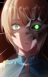  1girl black_sclera brown_background brown_hair colored_sclera crack cracked_glass cracked_screen distress english_commentary glowing glowing_eye gold_trim green_eyes hair_between_eyes highres long_bangs looking_at_viewer mon-musu_quest! mon-musu_quest:_paradox parted_lips portrait sent99 shaded_face short_hair solo sonya_(mon-musu_quest!) sonya_chaos_(mon-musu_quest!) spoilers zipper zipper_pull_tab 