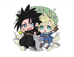  2boys armor black_gloves black_hair black_pants black_sweater blonde_hair blue_eyes blue_gloves blue_jacket blue_pants blush boots buster_sword chibi chibi_only cloud_strife commentary_request crisis_core:_final_fantasy_vii earrings final_fantasy final_fantasy_vii full_body gloves green_scarf holding_hands jacket jewelry jumping male_focus multiple_boys open_mouth pants parted_bangs scarf shinra_infantry_uniform short_hair shoulder_armor sleeveless sleeveless_turtleneck smile spiky_hair stud_earrings sweater tree turtleneck turtleneck_sweater zack_fair zc_furuya 