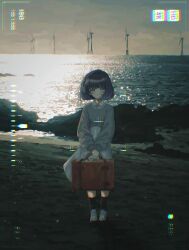  1girl absurdres asahinagi_shio beach black_hair brown_sweater chromatic_aberration collared_dress commentary_request day dress gakuen_idolmaster grey_eyes hair_ribbon hataya_misuzu highres holding holding_suitcase horizon idolmaster long_sleeves looking_at_viewer ocean outdoors photo_background ribbon short_hair sidelighting solo standing suitcase sweater v_arms viewfinder white_dress wide_shot windmill 