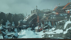  3d absurdres artist_name aurora autodesk_3ds_max_(medium) building camouflage commentary copyright_name email_address english_commentary english_text eve:_valkyrie eve_online glowing grey_sky highres medium_name minmatar_republic_(eve_online) mountain neil_gowland no_humans official_art outdoors radio_antenna realistic rock scenery science_fiction sky snow star_(sky) starry_sky unreal_engine_(medium) web_address zbrush_(medium) 