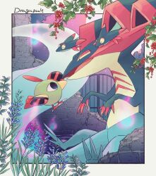  berry black_eyes border character_name chikafuji claws commentary_request dragapult dragon feathers fire floating flower full_body green_feathers highres looking_at_another natu night no_humans open_mouth pokemon pokemon_(creature) pokemon_focus purple_fire purple_flower red_claws red_feathers white_border yellow_eyes 
