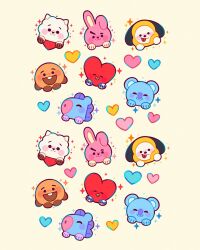  6+others absurdres alpaca animal blush bt21 chimmy_(bt21) closed_eyes closed_mouth commentary_request cooky_(bt21) dog heart heitoons highres horse koala koya_(bt21) looking_at_viewer mang_(bt21) merchandise_available multiple_others open_mouth other_focus rabbit rj_(bt21) shooky_(bt21) simple_background smile sparkle sticker_(medium) tata_(bt21) tongue tongue_out yellow_background 