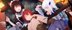  3girls :d ^_^ ange_katrina ange_katrina_(1st_costume) animal_ears ankle_boots black_collar blue_hair blurry blurry_foreground blush boots brown_boots brown_hair brown_kimono camping cheek_pull closed_eyes collar colored_inner_hair commentary_request cooking_pot cup dog_ears dog_hair_ornament dutch_angle facing_another fang flower frills hair_flower hair_intakes hair_ornament hairclip hand_on_own_chin hands_up head_rest highres holding holding_ladle inui_toko inui_toko_(1st_costume) japanese_clothes kimono knees_up ladle lantern lize_helesta lize_helesta_(1st_costume) long_hair long_sleeves looking_at_another maid_headdress medium_hair multicolored_hair multiple_girls night nijisanji open_mouth raised_inner_eyebrows red_hair sanbaka_(nijisanji) seu_kaname sitting skin_fang sleepy smile star_(sky) steam steaming_food table tasuki tent triangle_hair_ornament two-tone_hair violet_eyes virtual_youtuber white_hair white_headdress 