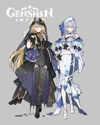  2girls absurdres alternate_costume anastasya_feodorovna_snezhnaya bare_shoulders black_choker black_dress black_pantyhose blonde_hair blue_eyes blue_flower blue_hair bracelet choker cleavage_cutout closed_mouth clothing_cutout commentary detached_sleeves dress drill_hair earrings english_text floral_print flower frilled_dress frilled_sleeves frills full_body genshin_impact grey_background hair_between_eyes hair_intakes hair_ornament hand_up hat hat_flower heterochromia highres jewelry logo long_dress long_hair multicolored_hair multiple_girls open_mouth pale_skin pantyhose papajay_(jennygin2) pencil_dress pointy_ears puffy_sleeves rhinedottir_(genshin_impact) sketch sparkle train_(clothing) twin_drills untranslatable_commentary veil very_long_hair white_dress white_hat yellow_eyes 