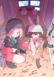  2girls ahoge animal_ears assault_rifle backpack bag black_shoes brown_hair bullet_hole combat_helmet commentary_request computer computer_keyboard crack cracked_wall d4dj explosive fake_animal_ears gradient_hair grenade grenade_pin grenade_pin_in_mouth gun helmet highres holding holding_grenade holding_weapon hood hood_down indoors inuyose_shinobu jacket kokutoumaru long_sleeves monitor multicolored_hair multiple_girls nyochio_(d4dj) ohnaruto_muni open_mouth pink_eyes pink_socks pink_sweater rabbit_ears red_jacket rifle shell_casing shoes sneakers socks stuffed_animal stuffed_toy sweater thigh-highs traditional_media twintails two-tone_hair weapon white_thighhighs yellow_eyes 