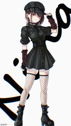  1girl absurdres arm_warmers black_boots black_choker black_hat black_shirt black_skirt blue_eyes boots breasts brown_hair character_name choker chromatic_aberration closed_mouth commentary english_commentary fishnet_thighhighs fishnets full_body girls_band_cry hair_between_eyes hat highres iseri_nina medium_breasts pleated_skirt rraiden2_(szsv8382) shirt short_hair short_sleeves simple_background skirt solo striped_arm_warmers thigh-highs white_background 