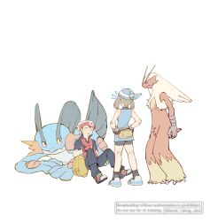  1boy 1girl absurdres bandana beanie bike_shorts black_pants blaziken blue_bandana blue_dress brendan_(pokemon) dress fanny_pack fingerless_gloves gloves hands_on_own_hips hat highres ksou0 may_(pokemon) pants pokemon pokemon_adventures shirt shoes short_sleeves sitting sleeveless sleeveless_dress socks standing swampert watermark white_background 