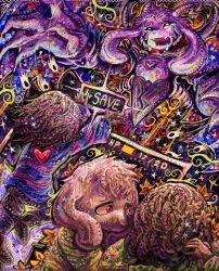  2boys 2others adoptive_siblings animal_ears asriel_dreemurr asriel_dreemurr_(god_of_hyperdeath) black_sclera blue_shirt brown_hair choir_outfit_(utdr) colored_sclera crying delta_rune_print derivative_work fangs flower furry furry_male goat_boy goat_ears goat_horns health_bar highres horns multiple_boys multiple_others purple_shirt red_eyes red_soul_(utdr) shirt siblings soul_(utdr) spoilers striped_clothes striped_shirt two-tone_shirt undertale utdr_(toby_fox) white_fur wozelfaux yellow_flower 