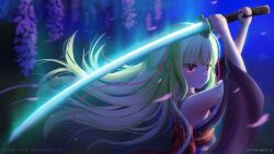  1girl absurdres arms_up back_bow bare_shoulders black_kimono blunt_bangs blush bow breasts commentary_request cowboy_shot dated eyes_visible_through_hair falling_petals floating_hair flower from_behind glowing glowing_sword glowing_weapon green_hair hair_ribbon highres holding holding_sword holding_weapon japanese_clothes katana kimono long_hair long_ribbon long_sleeves looking_at_viewer looking_back murasame_(senren) night open_mouth outdoors petals pom_pom_(clothes) purple_flower red_bow red_eyes red_ribbon red_sash ribbon sash senren_banka sidelighting sidelocks small_breasts solo sword two_side_up user_vjwa2533 very_long_hair weapon wide_sleeves wisteria 
