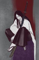  1girl anno_im black_hakama bleach bleach:_sennen_kessen-hen closed_eyes commentary_request full_body hakama haori highres invisible_chair japanese_clothes limited_palette long_hair sandals scar scar_on_chest sheath sitting socks solo sword taichou_haori unohana_retsu unohana_yachiru weapon 