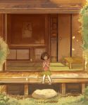  1girl architecture artist_name child closed_eyes dated east_asian_architecture grass hands_on_own_chest house kotokoto_(vibgyor) light_particles original porch short_hair signature sitting skirt sliding_doors smile solo table tatami 
