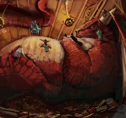  6+girls absurdres belly book commentary dragon dress english_commentary fantasy highres holding holding_book horns jumping leaning_on_person lying multiple_girls on_back original princess reading red_scales size_difference skindentation wings yellow_eyes zarzaliel 