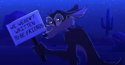 1boy animal_ears animal_nose brown_fur cactus colored_sclera commentary coyote coyote_vs._acme desert english_commentary english_text highres holding holding_sign looney_tunes night rayalltheway rock scene_reference sign star_(sky) the_amazing_digital_circus wile_e_coyote wolf_ears yellow_sclera 